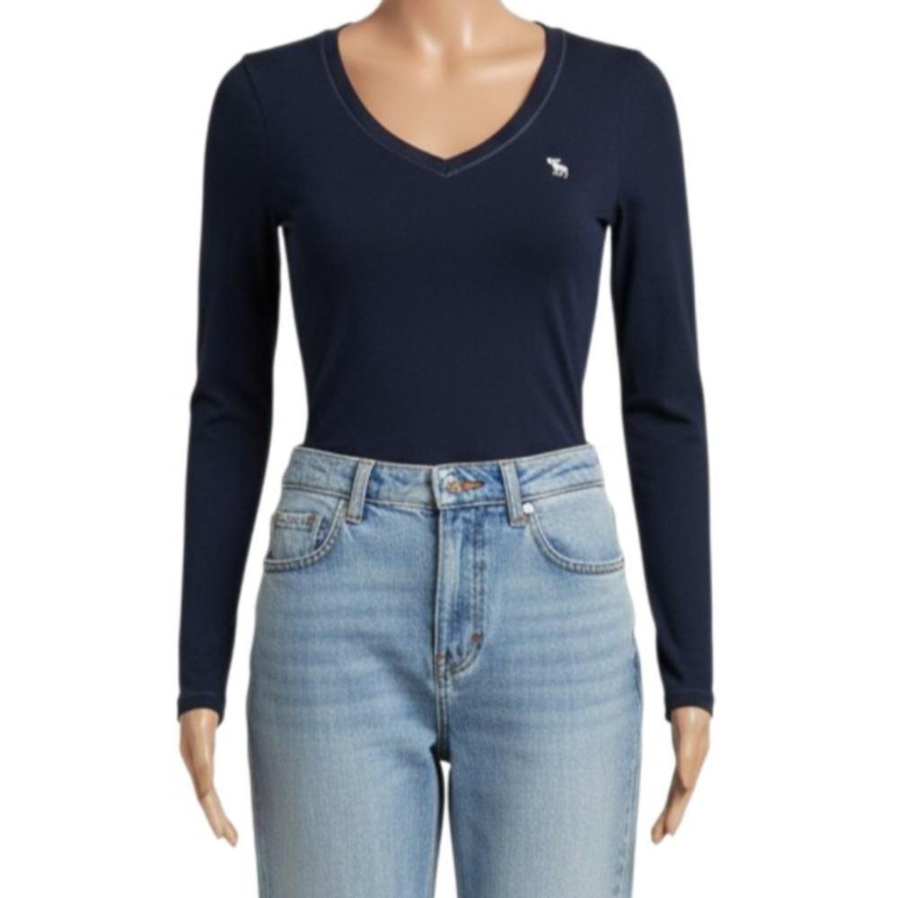 Abercrombie Navy V-Neck Long Sleeve Top Women M Soft Modal Tee Basic Casual Y2K